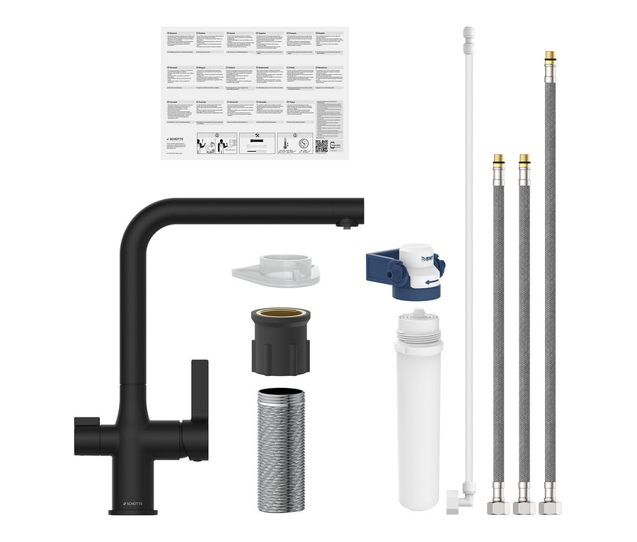 Schwarze Schütte AQUASTAR PRO Filterarmatur und Montageteile.