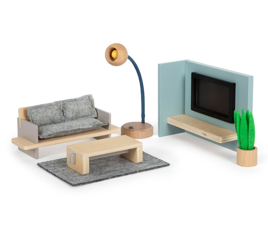 Miniatur-Wohnzimmer mit Holzsofa, Tisch, Lampe, Fernseher und Topfpflanze. small foot Puppenhaus Natur mit Möbeln.