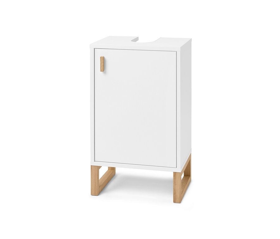 Kleiner, weißer Waschbeckenunterschrank mit Tür, Holzgriff und Füßen.