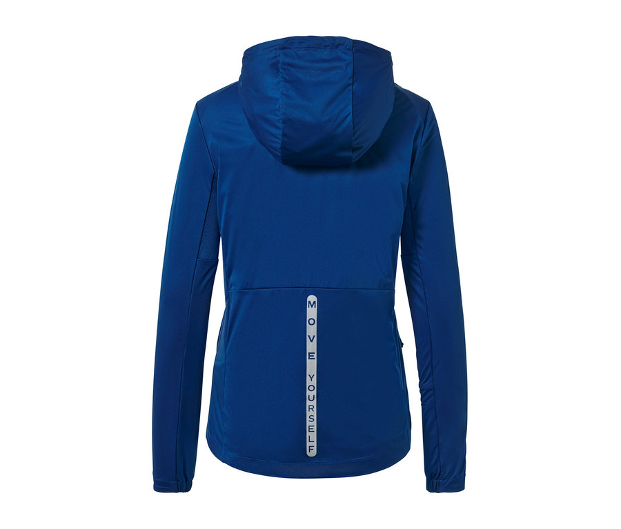 Detail der Rückseite einer royalblauen Laufjacke.