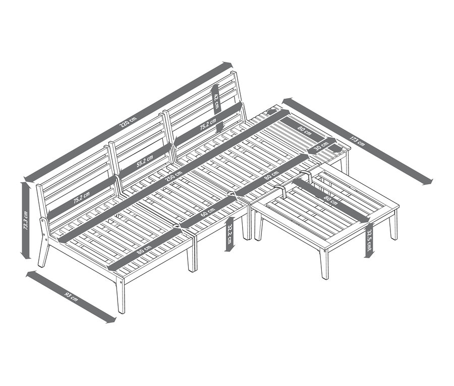 Illustration des modularen Lounge-Sets »Lenja« mit hervorgehobenen Abmessungen.