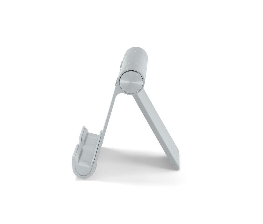 Ein grauer Smartphone-und-Tablet-Ständer auf weißem Hintergrund.
