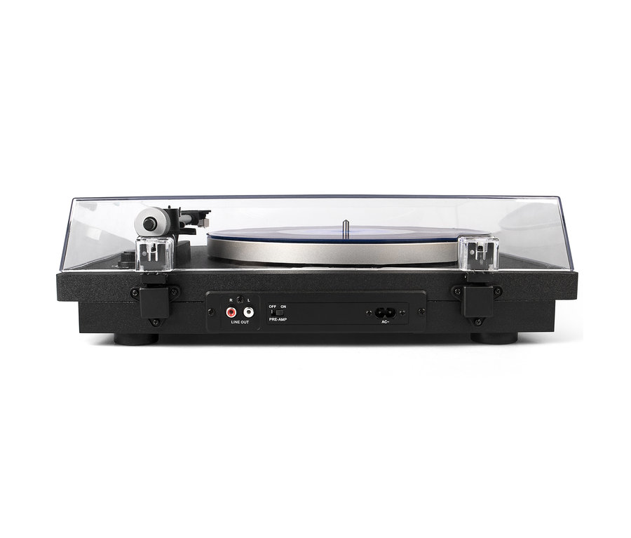 Detailansicht der Rückseite eines Plattenspielers mit transparenter Abdeckung. Zu sehen ist der Blaupunkt Plattenspieler »TT 100 TX«.
