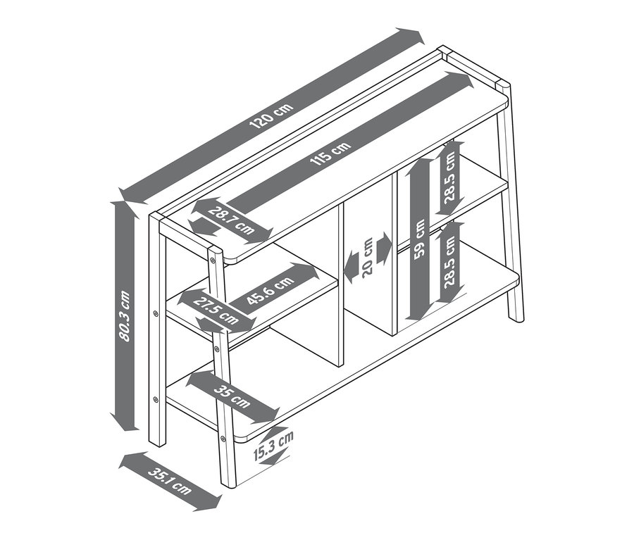 Die Maße des Sideboards sind mit Pfeilen und Zahlen dargestellt.