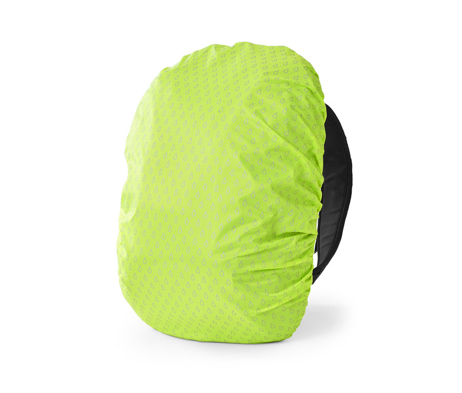 Ein gelber Rucksack mit Regenschutzhülle mit Tropfenmuster.