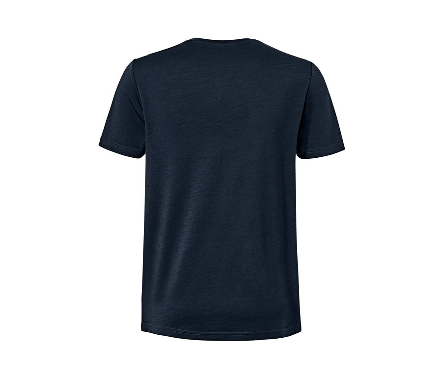 Ein marineblaues Funktionsshirt mit kurzen Ärmeln. Im Angebot: 2 Funktionsshirts mit Merinowolle.