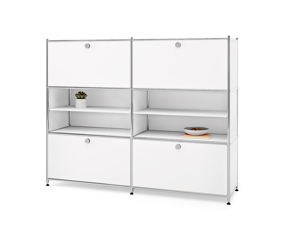 Weisse Kommode Metall »CN3« mit 4 Klappenfächern. In den Regalen stehen eine Pflanze und eine Schale.