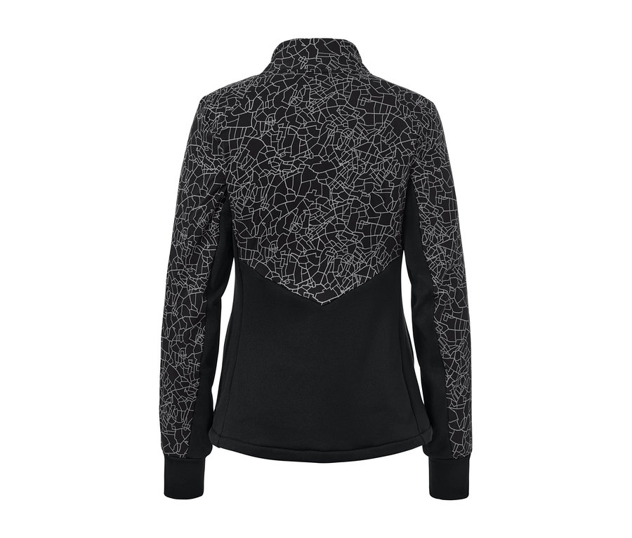 Eine schwarze Thermojacke mit weißem geometrischem Muster.