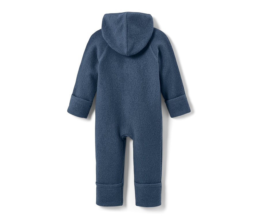 Blauer Baby-Walkoverall mit Merinowolle von hinten.