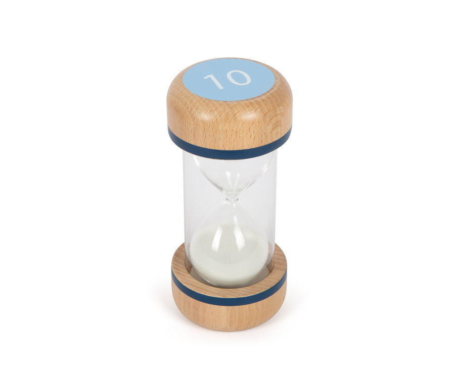 Eine small foot Sanduhr aus dem Sanduhren-Set XL »Educate« mit weißem Sand und blauen Akzenten.