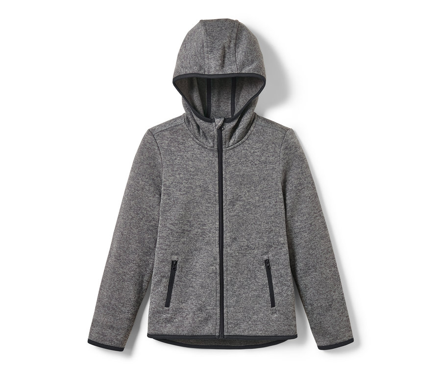 Graue Kinder-Strickfleecejacke mit Reißverschluss und Kapuze.