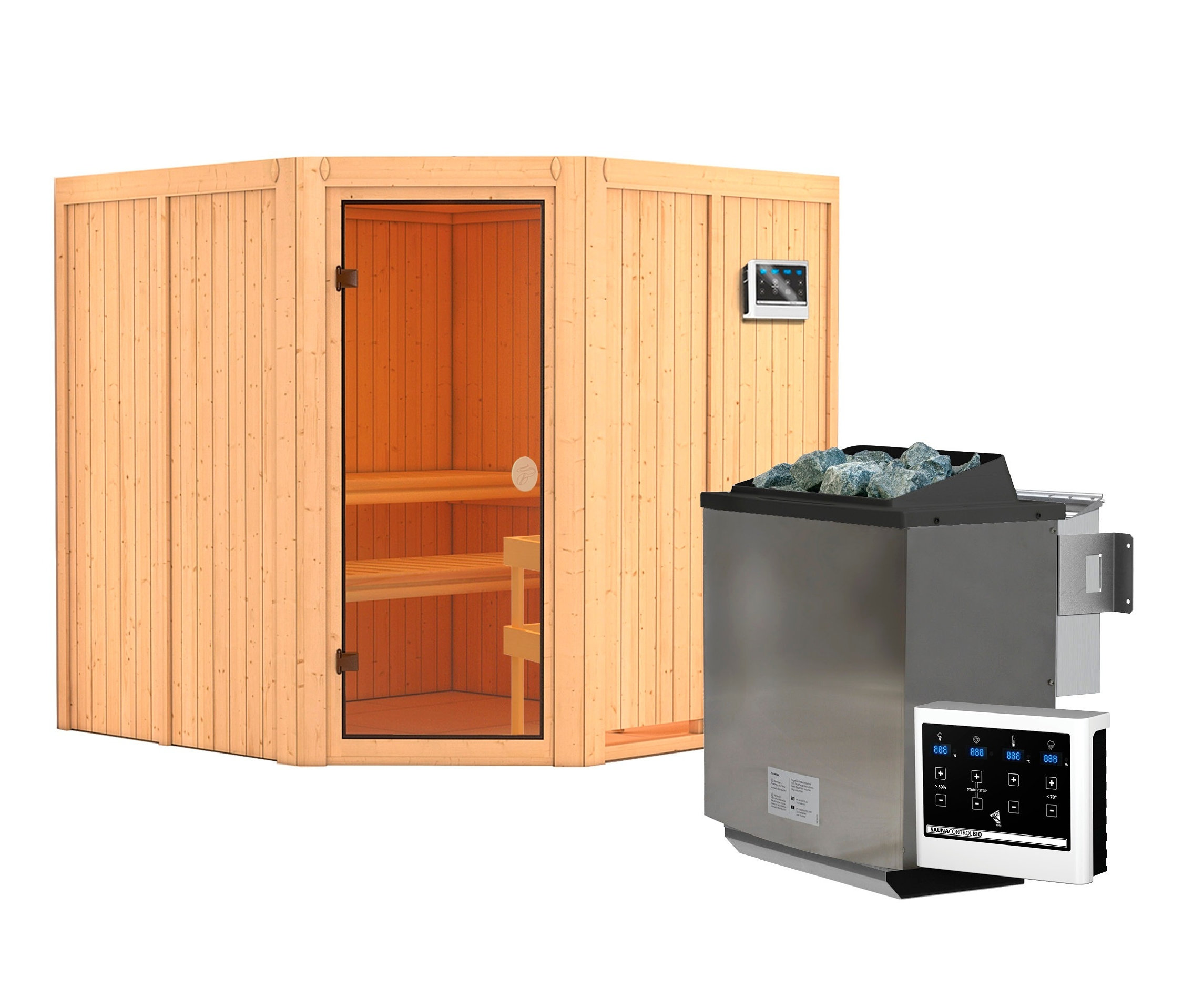 Eckansicht der Karibu Sauna »Lyda«, Bio mit Glastür und Bedienfeld.