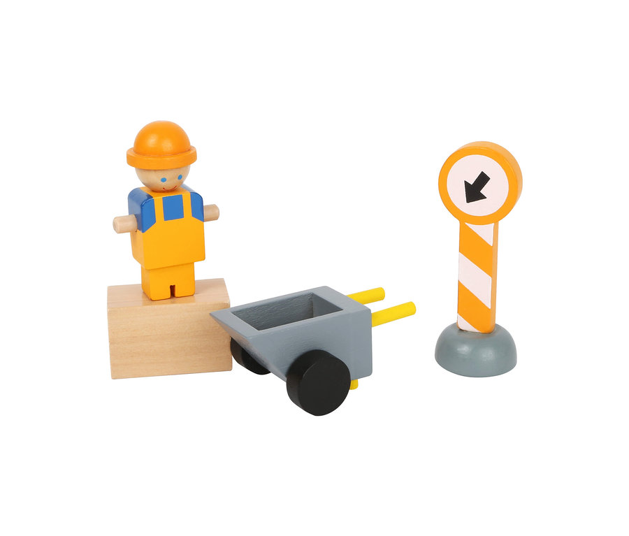 Holzspielzeug: Arbeiterfigur, Schubkarre und Verkehrszeichen. small foot Baukran mit Baustellenzubehör