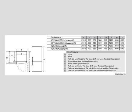 Diagramm zeigt die Abmessungen der Bosch Kühl-Gefrierkombination »KGE398IBP«.