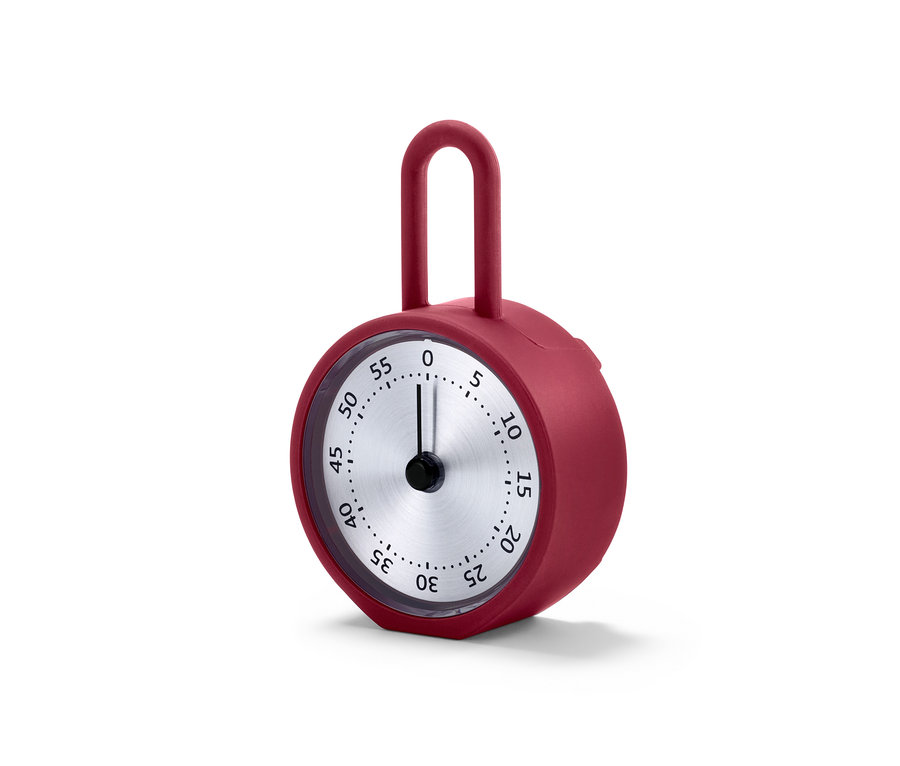 Roter Kurzzeitmesser mit drehbarem Zifferblatt und Minutenanzeige.