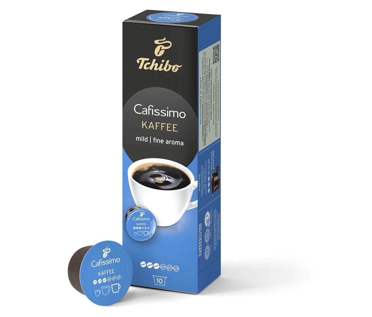 Eine Packung Cafissimo Kaffee mild - 10 Kapseln steht neben einer einzelnen Kapsel.