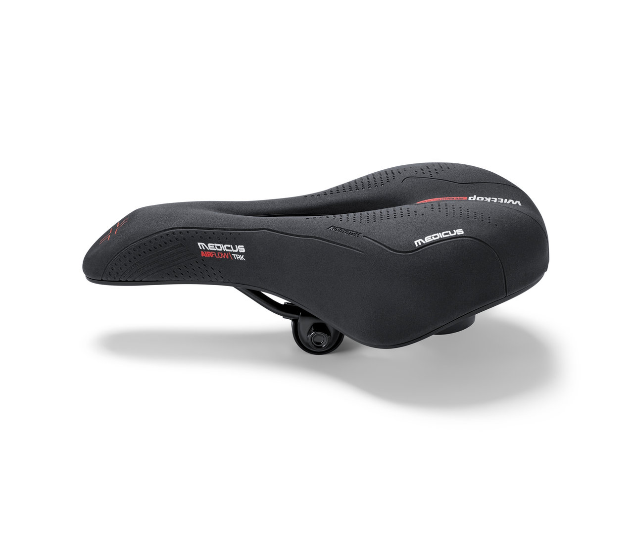 Ein schwarzer Fahrradsattel wird vor einem weißen Hintergrund gezeigt.