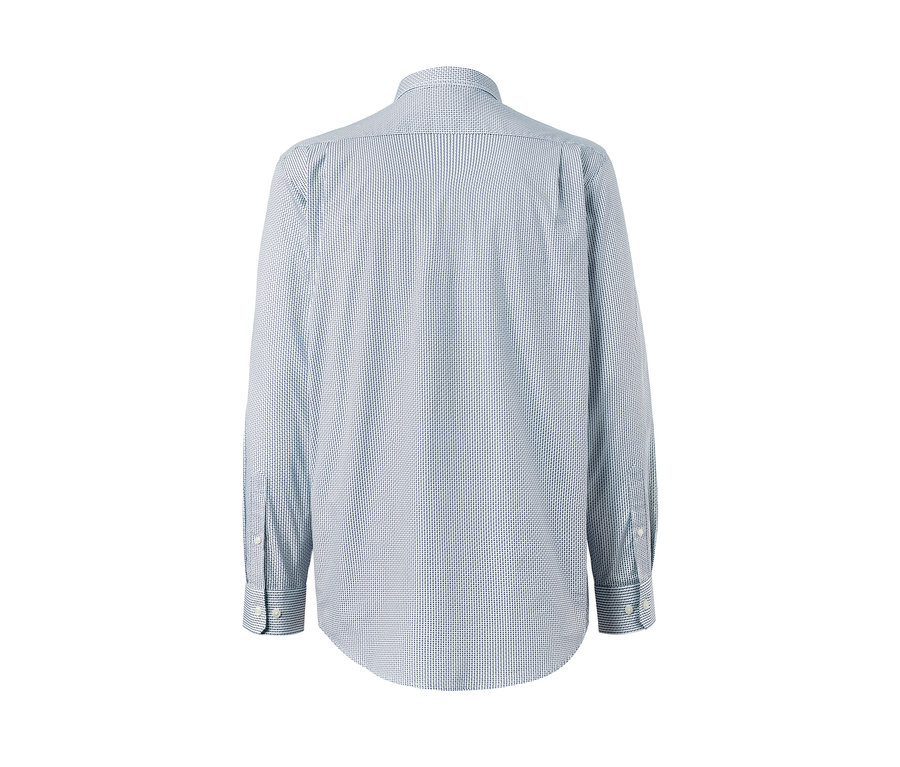 Detailansicht der Rückseite eines blauen Hemdes, Comfort Fit, mit langen Ärmeln.