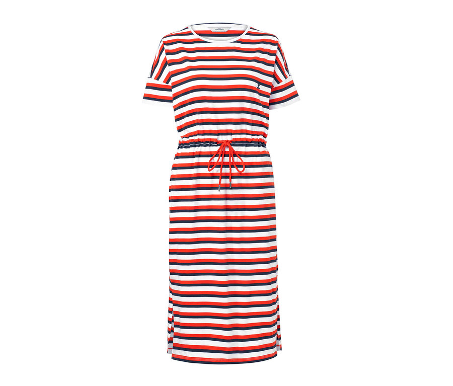 Gestreiftes Midi-Kleid mit roten und dunkelblauen Streifen.