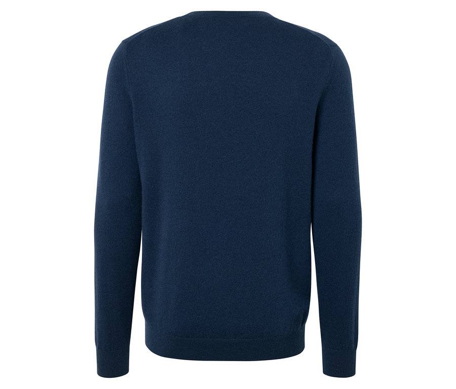 Rückansicht eines dunkelblauen Langarmpullovers.
