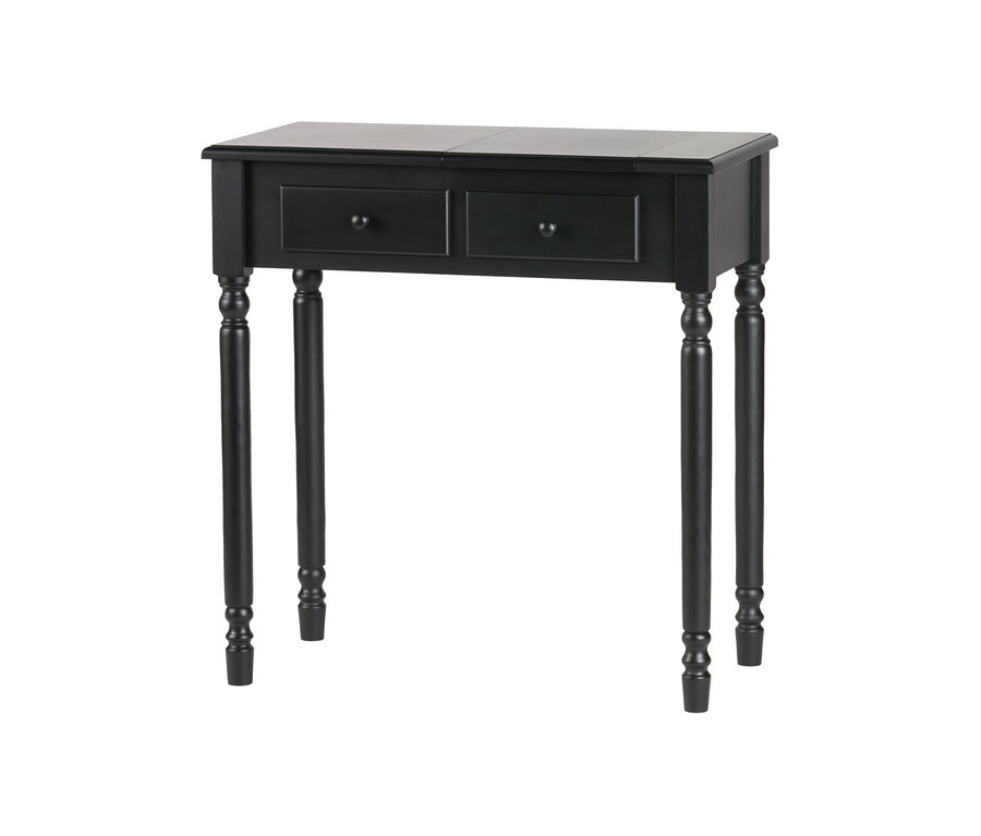 Schwarzer Woood »Romy« Schminktisch aus Kiefernholz mit zwei Schubladen und gedrechselten Beinen.