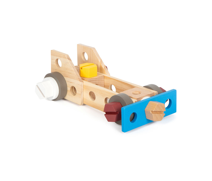Holzbauspielzeug mit farbigen Elementen.