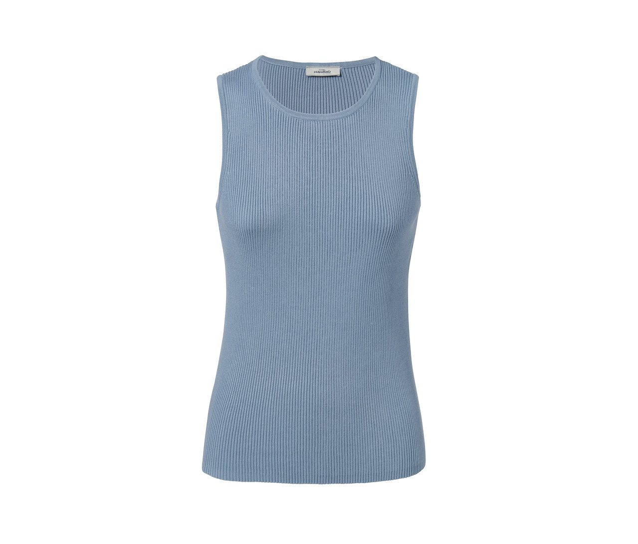 Nahaufnahme eines rauchblauen Stricktops.