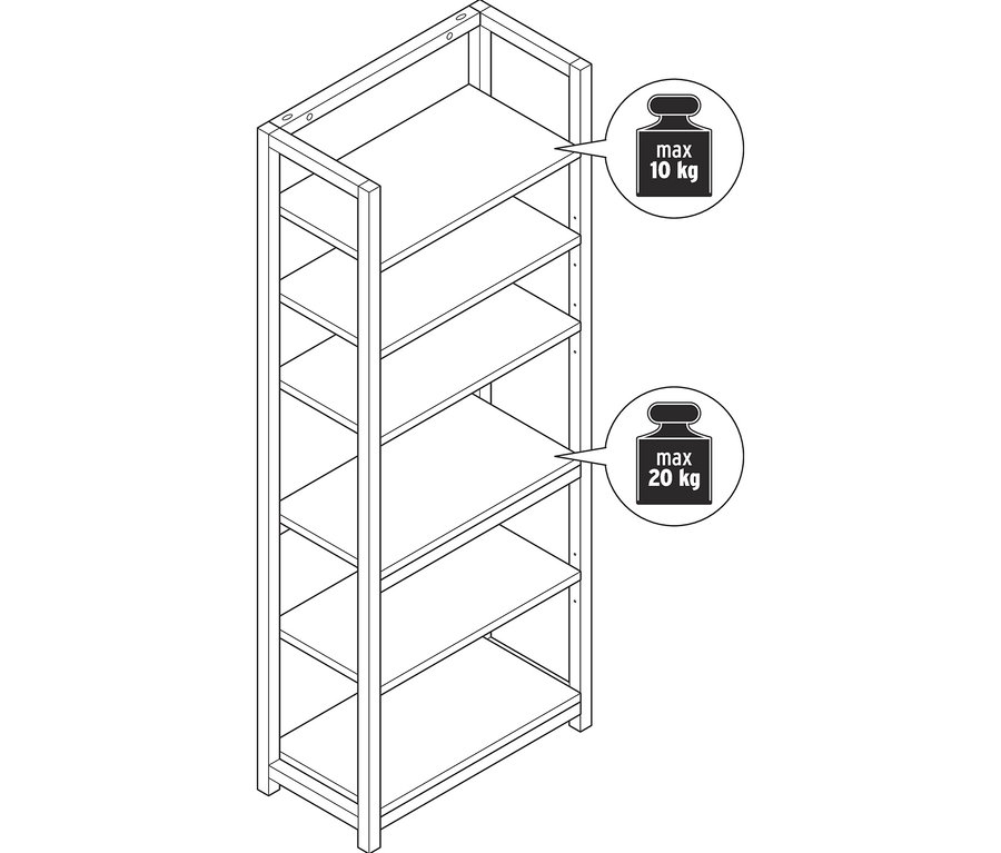 Illustration eines leeren Bücherregals mit fünf Regalböden.