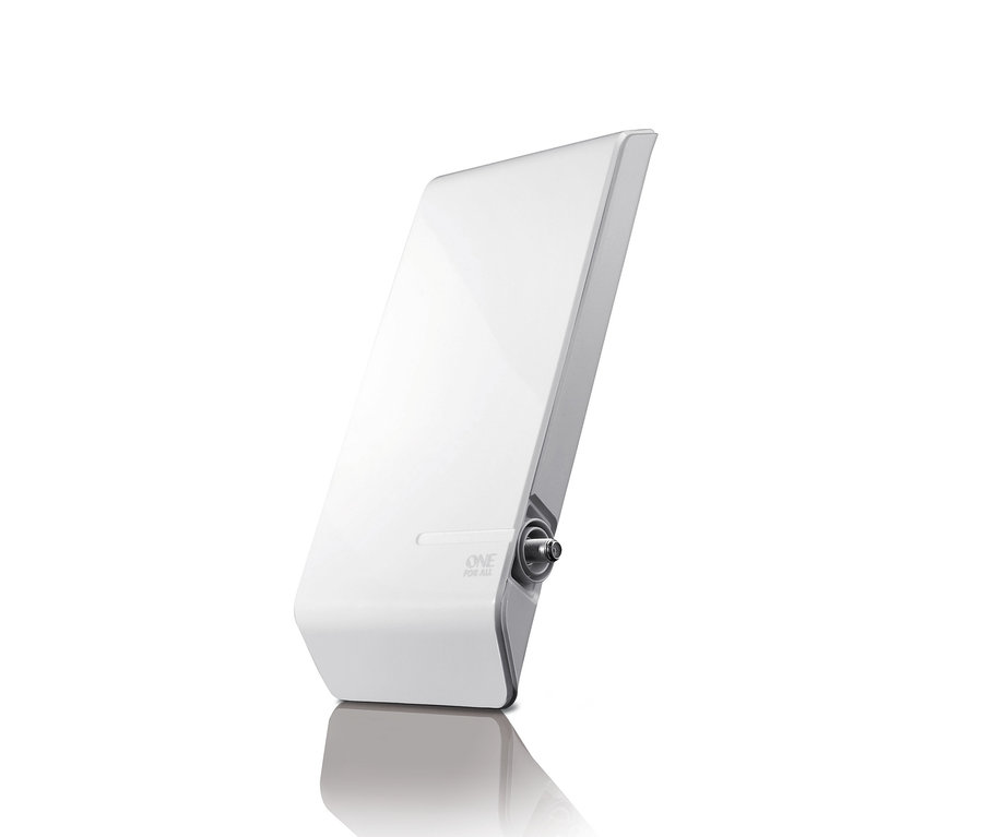Eine weiße ONE FOR ALL DVB-T2-Außenantenne »SV9450« auf weißem Hintergrund.
