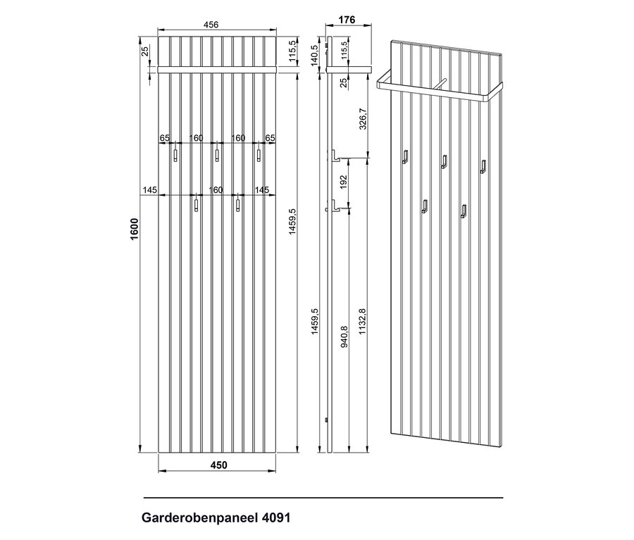 Zeichnung eines Garderobenpaneels mit vertikalen Lamellen, Ablage und Haken.