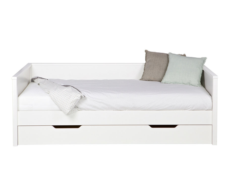 Weißes Bett mit zwei Schubladen und zwei Kissen.