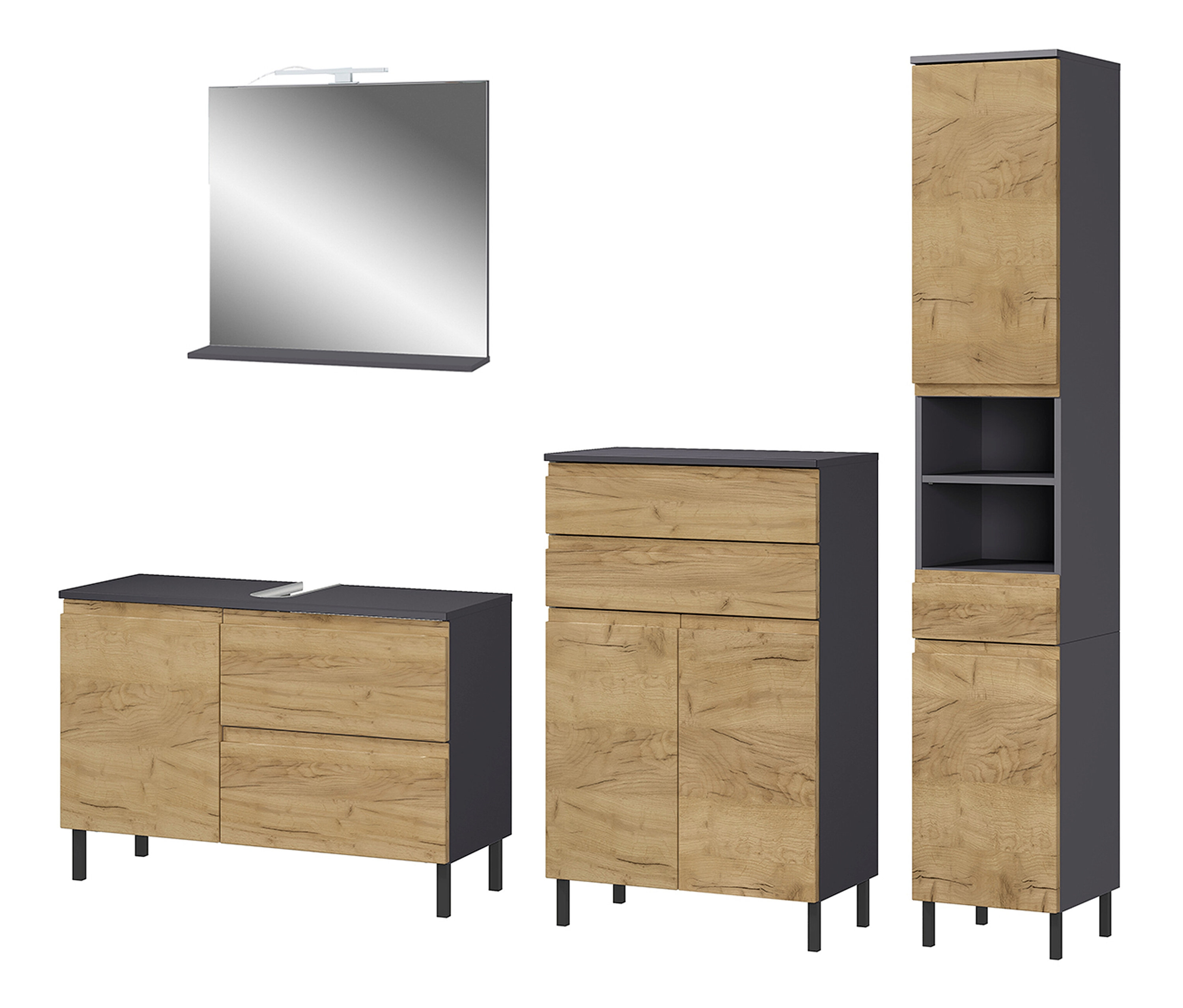 Set »Salinas« groß mit Kommode, Hochschrank, Waschbeckenunterschrank und Spiegel, graphit-eiche.