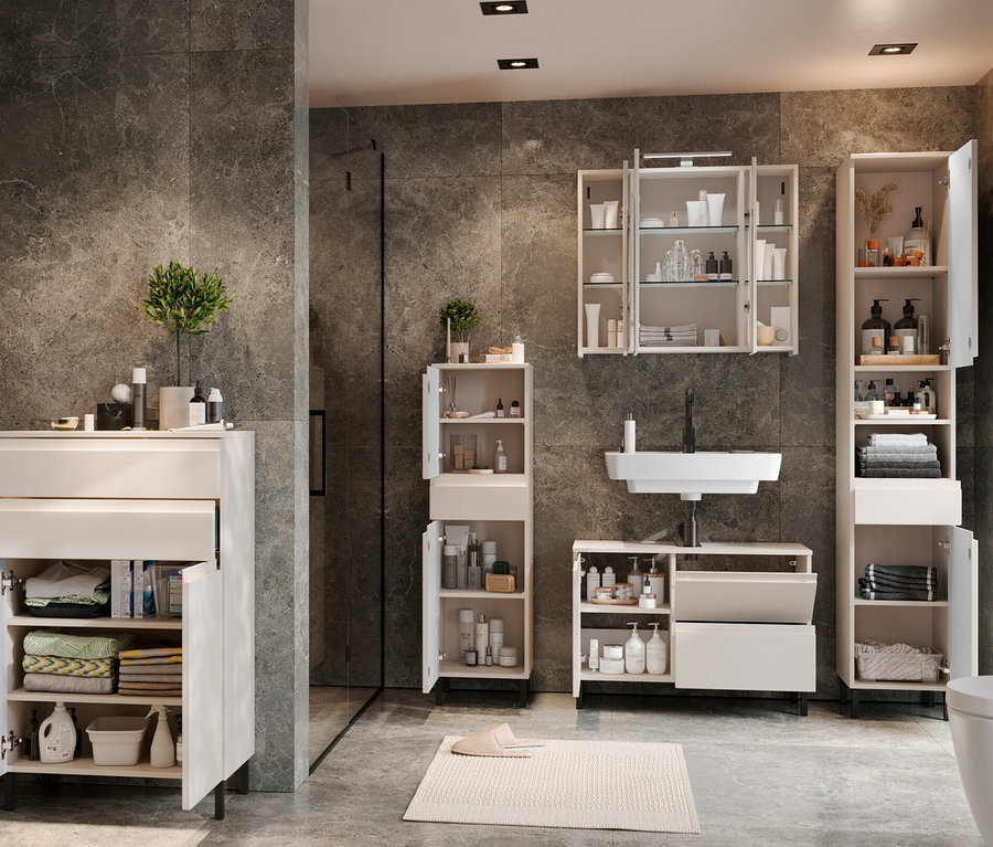 Badezimmer mit Waschbecken und Waschbeckenunterschrank »Salinas«, groß, kaschmir.