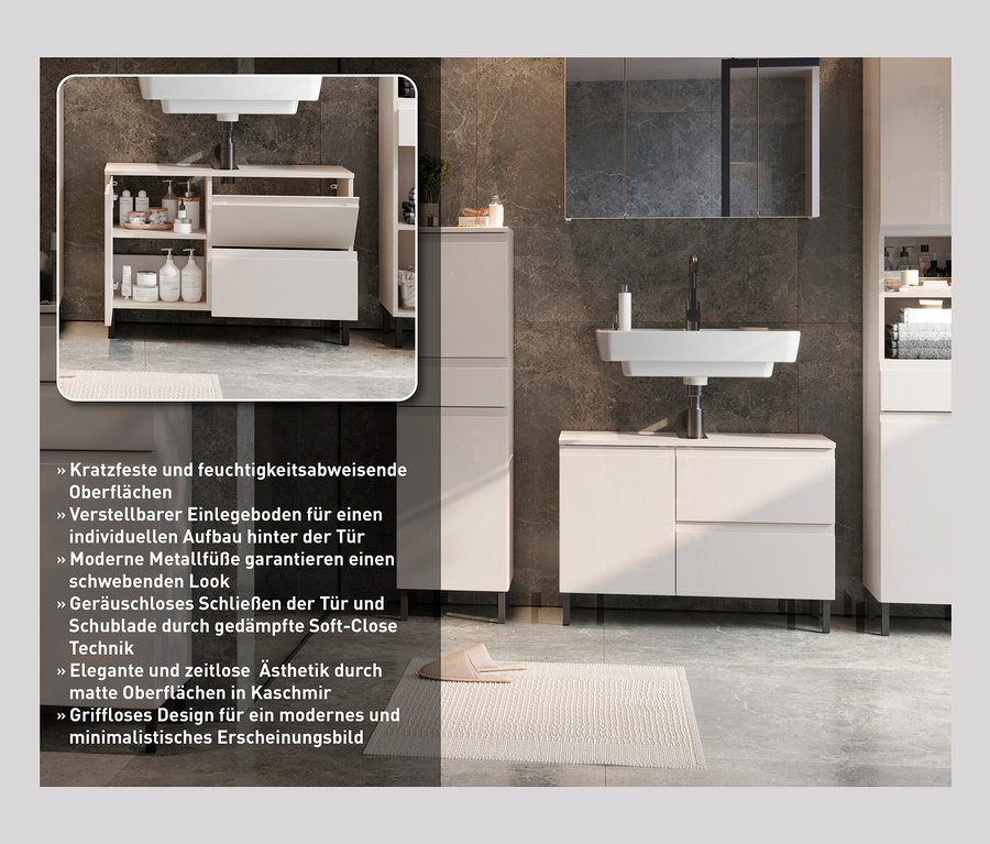 Badezimmer mit Waschbecken und Waschbeckenunterschrank »Salinas«, groß, kaschmir.