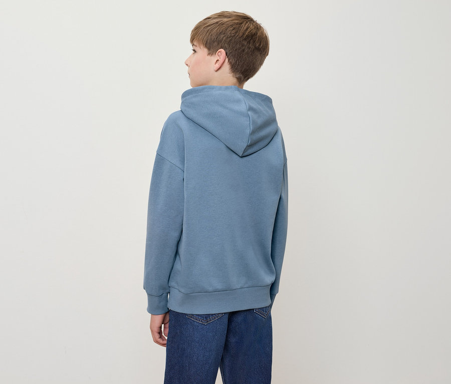 Junge in blauem Kapuzenpullover, Rücken zur Kamera.