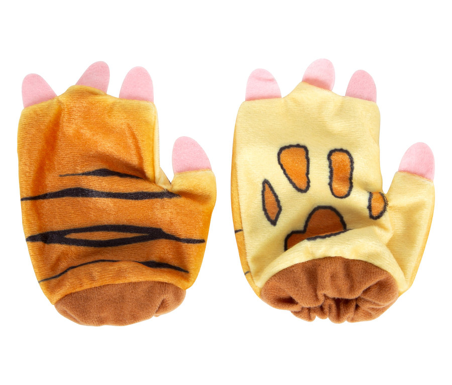 Zwei Handschuhe in Form von Tierpfoten mit Fingern. Einer orange mit schwarzen Streifen, der andere gelb mit braunem Pfotenabdruck.
