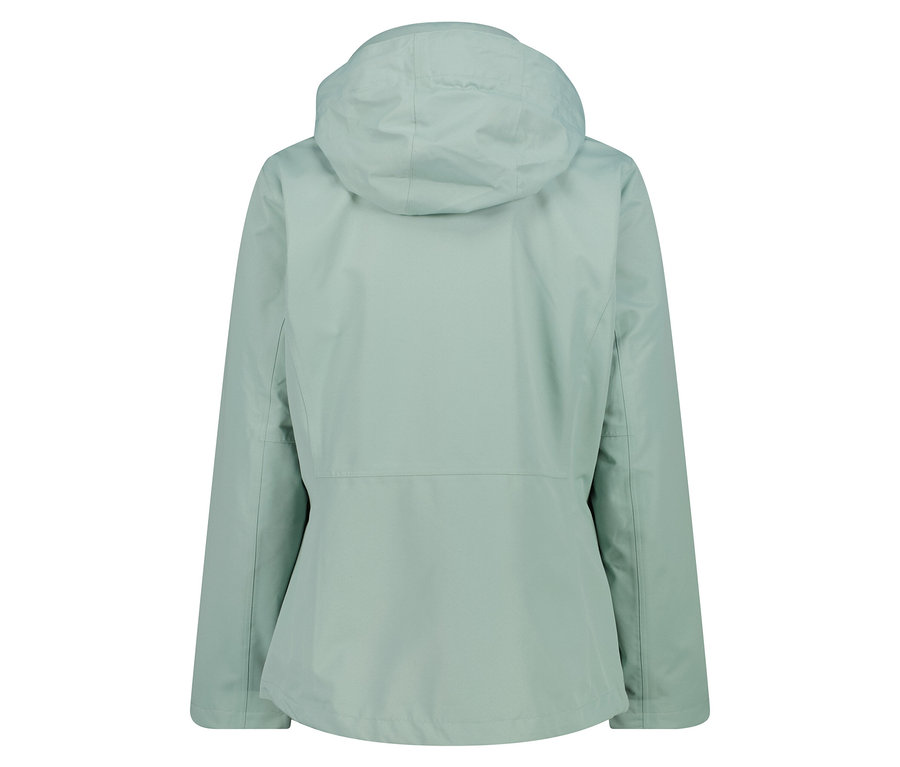 Rückansicht einer hellgrünen Jacke mit Kapuze.
