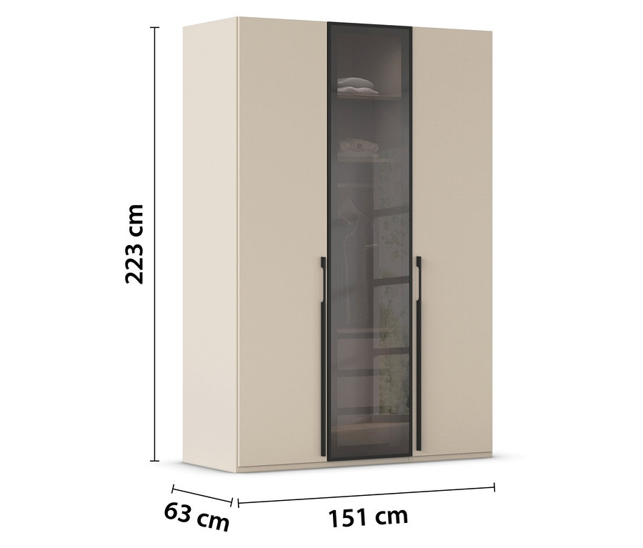 Beiger Schrank mit Glastür in der Mitte und Größenangaben.
