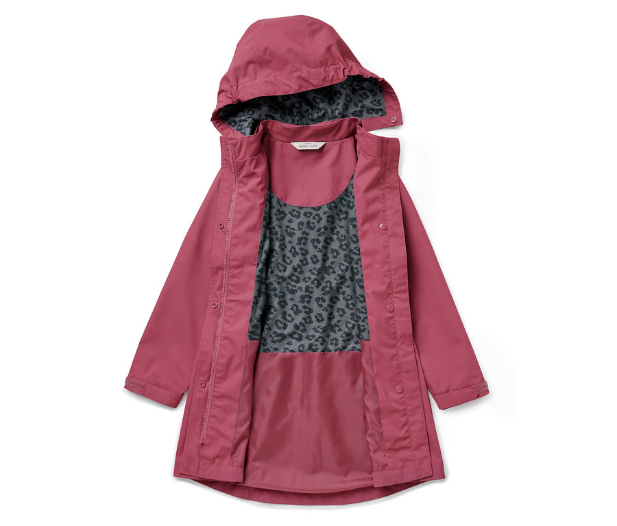 Geöffneter Kinder-Regenparka mit Kapuze und grauem Futter mit Leopardenmuster.