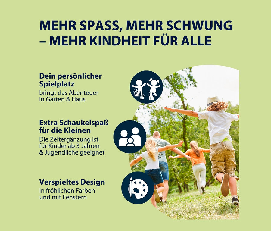 Vier Kinder laufen auf Gras von einem Erwachsenen weg. Kinder spielen draußen. HUDORA Nestschaukel-Zelt Cosy Castle 110.