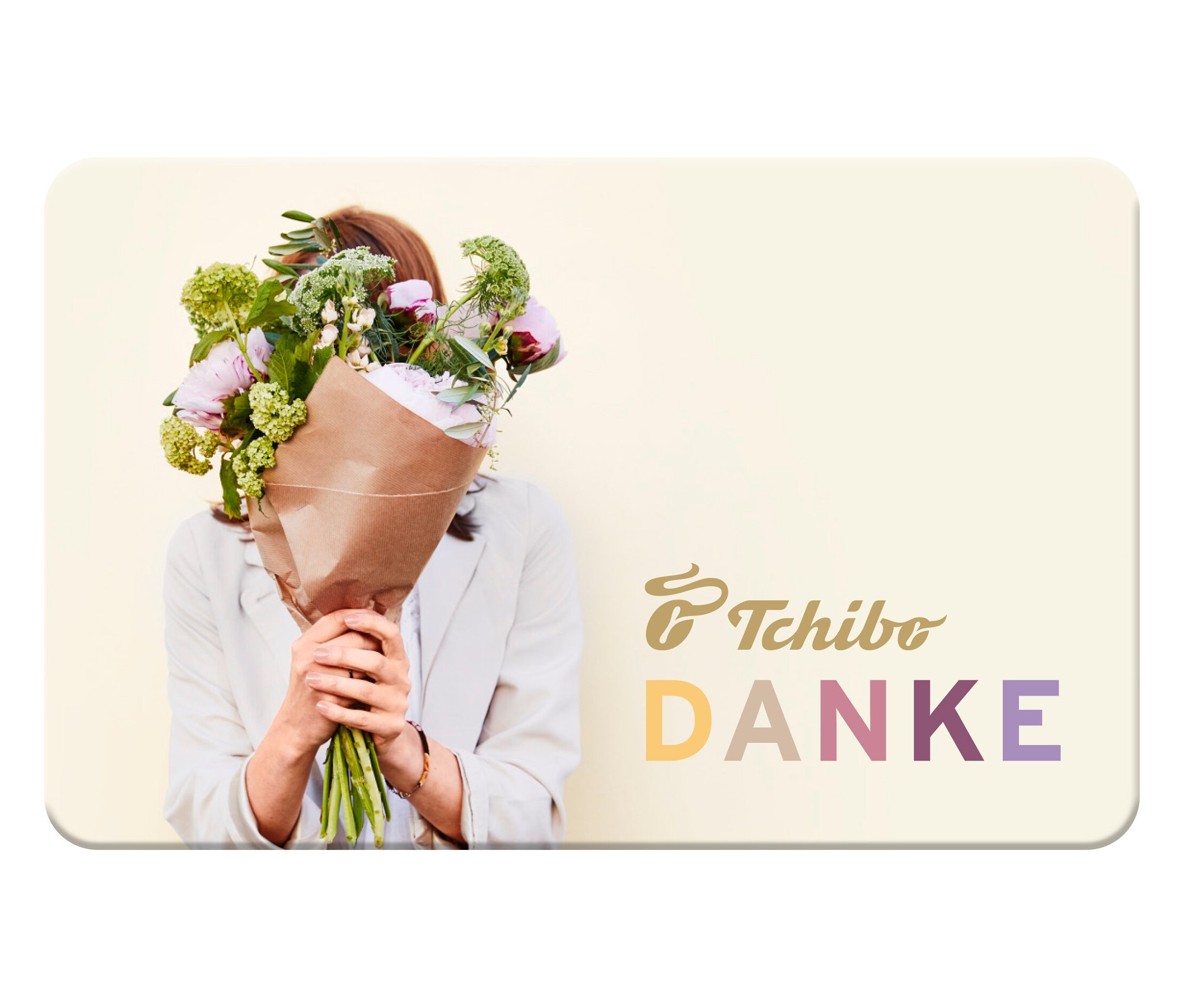 Eine Frau hält einen Blumenstrauß vor ihrem Gesicht. Digitale Geschenkkarte Danke.