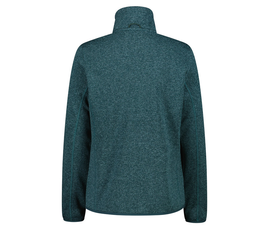 Rückansicht einer petrolfarbenen Fleecejacke mit langen Ärmeln.