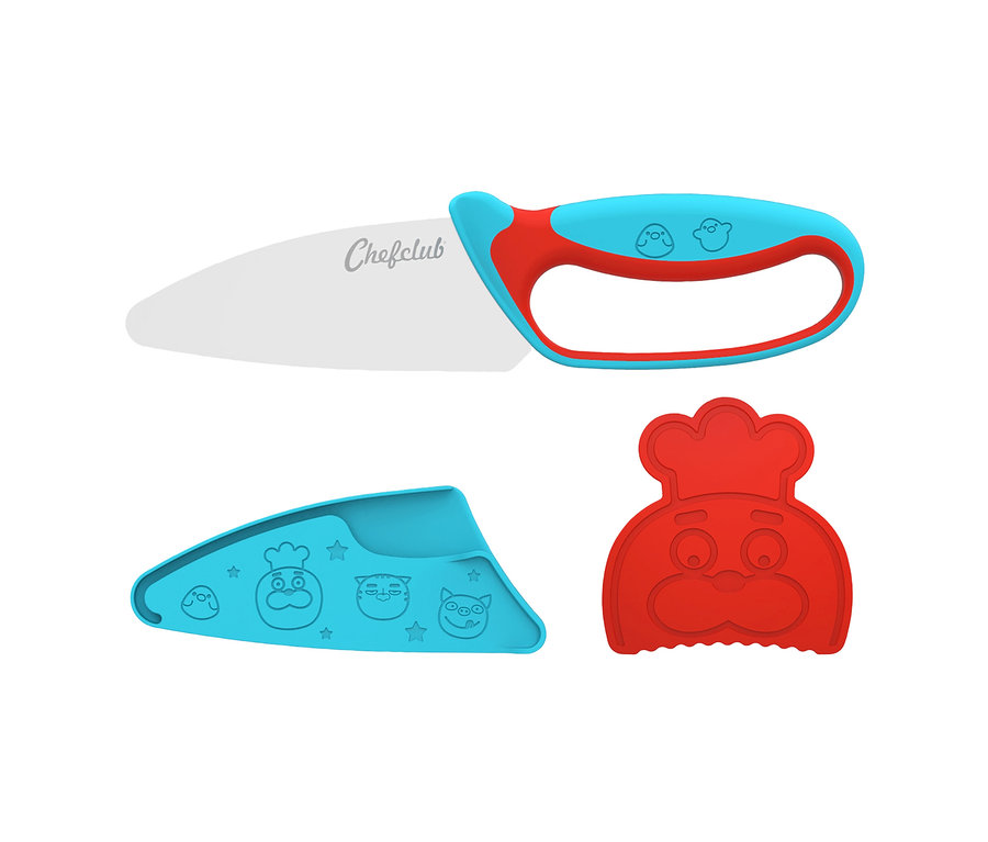 Chefclub Koch-Set Messer mit rot-blauem Griff, blaue Hülle und roter Ausstecher in Kochform.