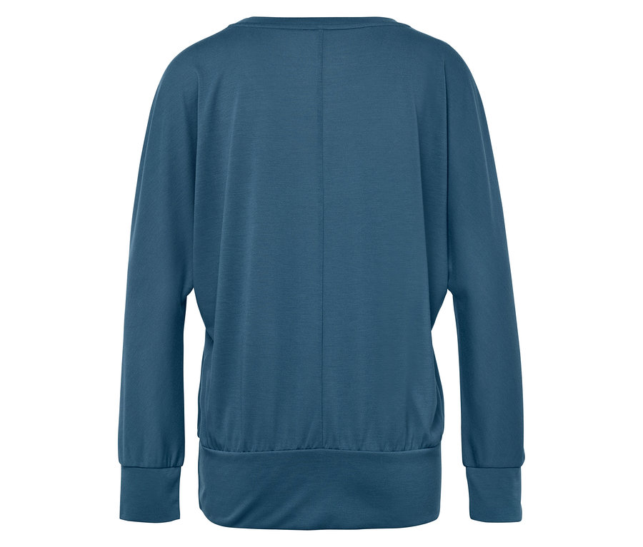 Blaues Damenoberteil mit langen Ärmeln von hinten.