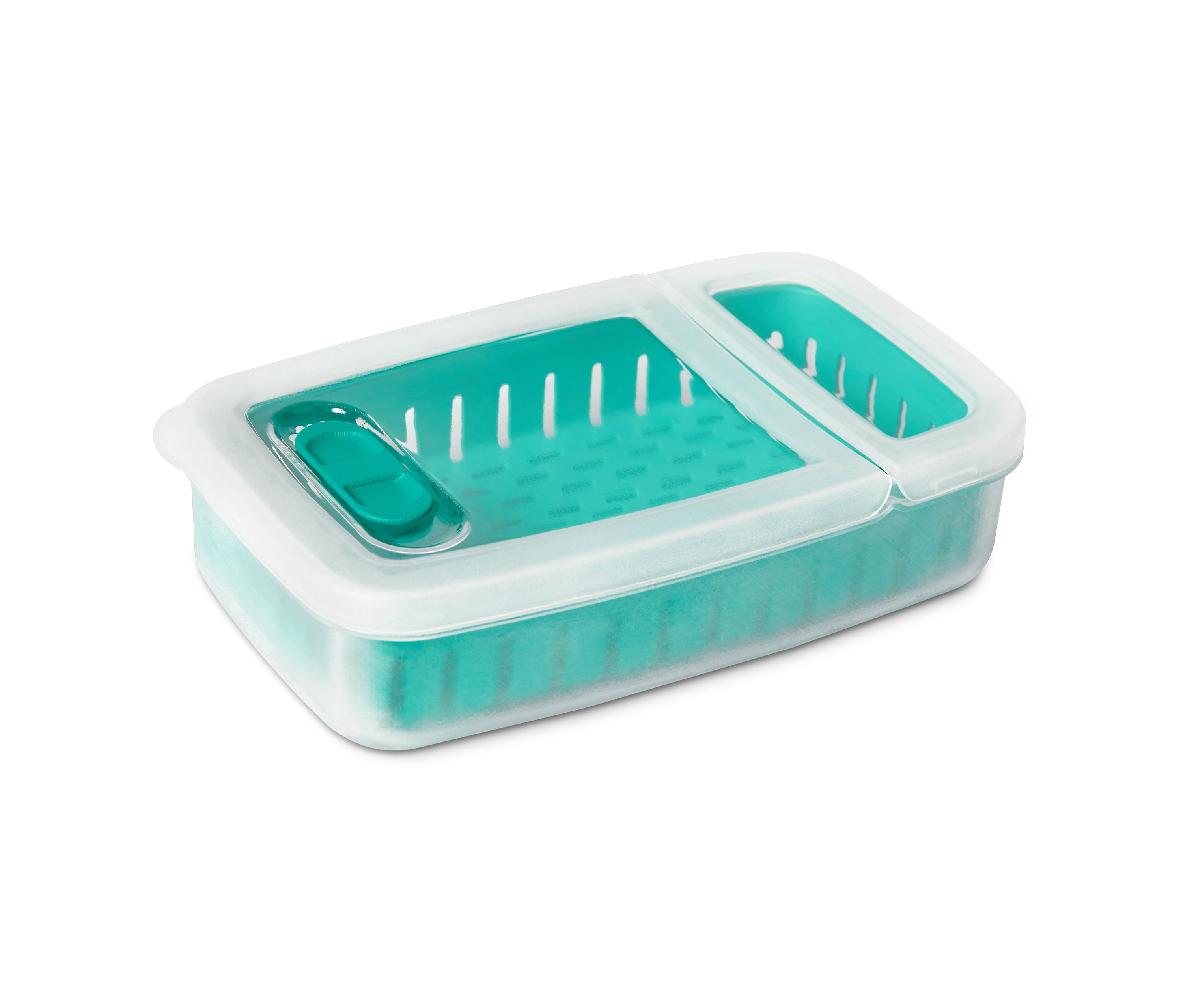 Nahaufnahme einer Kräuterfrischhaltebox mit transparentem Deckel und grünem Innenleben.