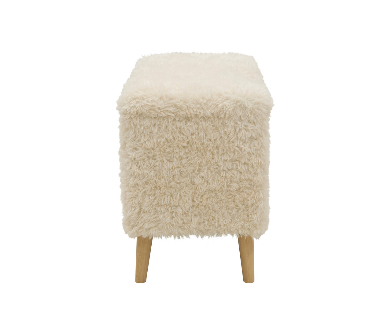 Ein cremefarbener DOMO Hocker mit Stauraum und Holzfüßen.