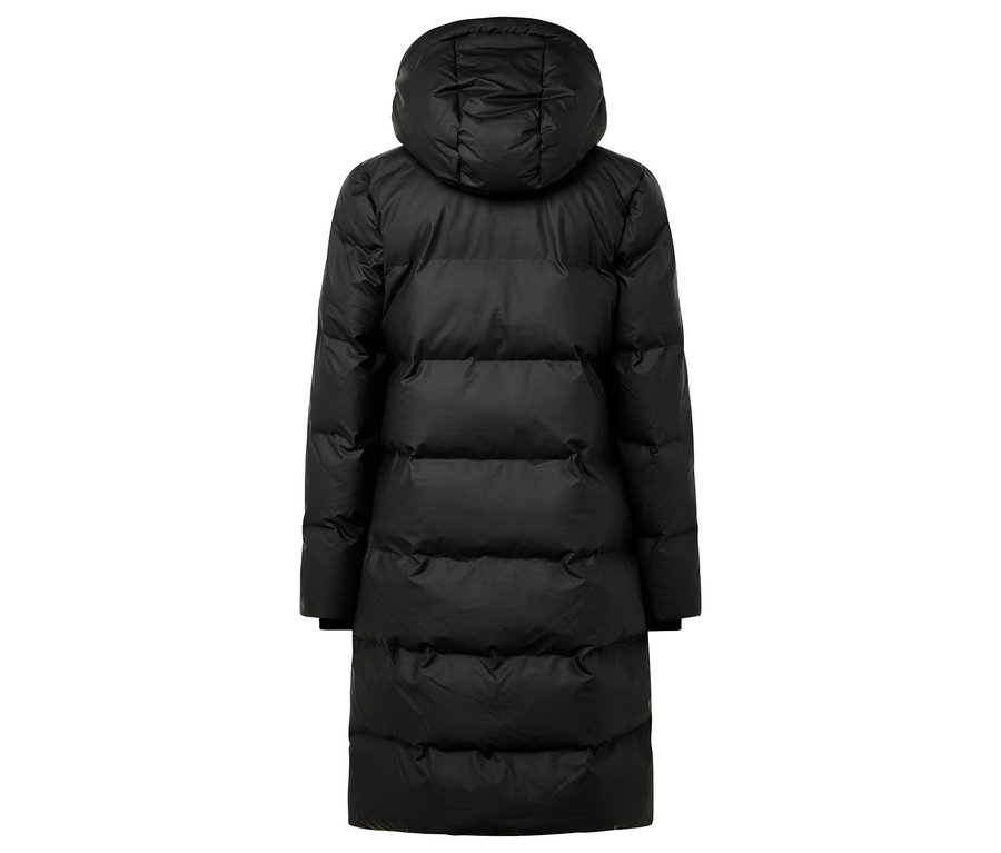 Schwarze Daunenjacke mit Kapuze, von hinten gesehen.