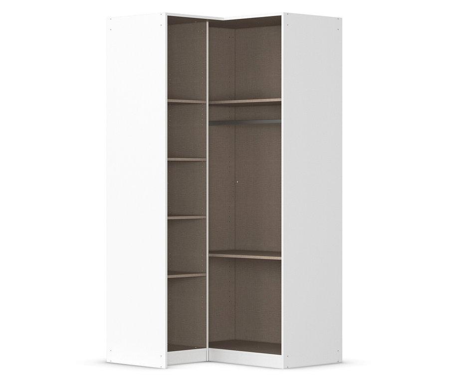 Eckkleiderschrank mit Regalen und Kleiderstange.