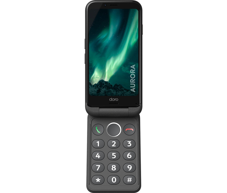 Ein graues Doro Aurora A20 64 GB Klapphandy mit Tastenfeld und einem Bildschirm, der ein Polarlicht zeigt.