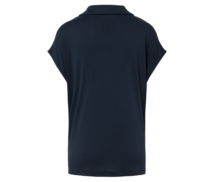 Rückansicht eines dunkelblauen Damen-Poloshirts mit kurzen Ärmeln.